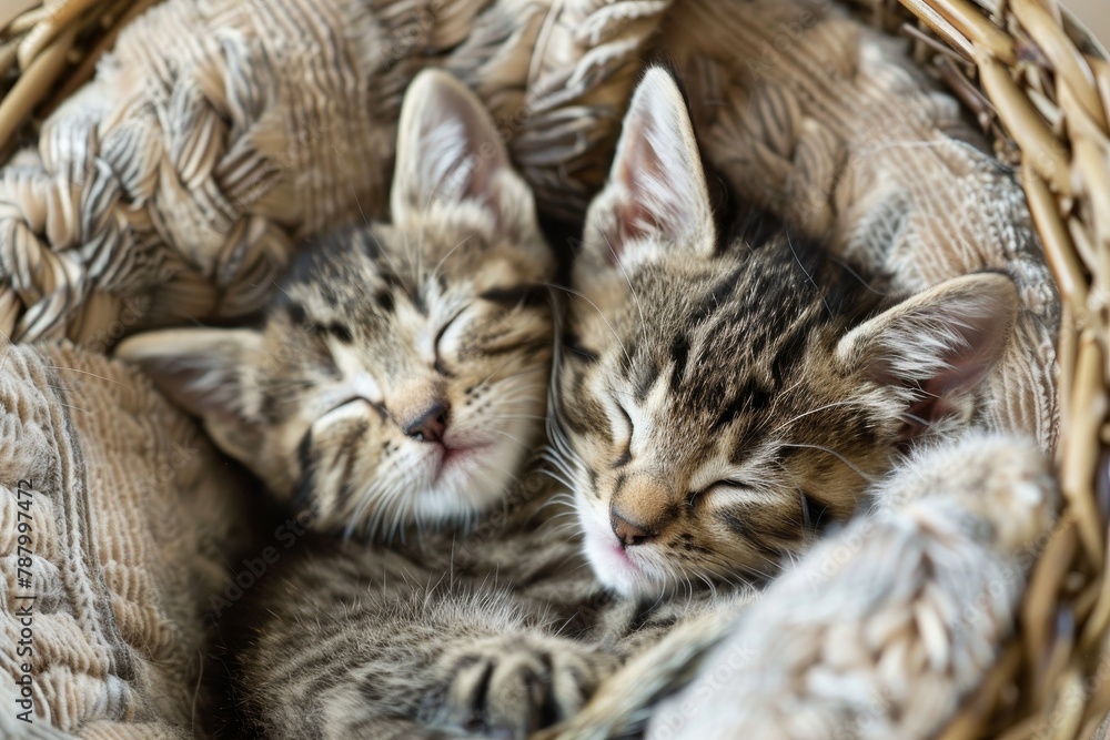 Adorable tabby kittens cuddling in a basket