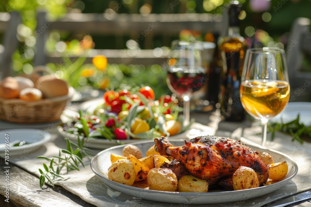 Al fresco meal of chicken and potatoes in sunny garden Al fresco meal of chicken and potatoes in sunny garden