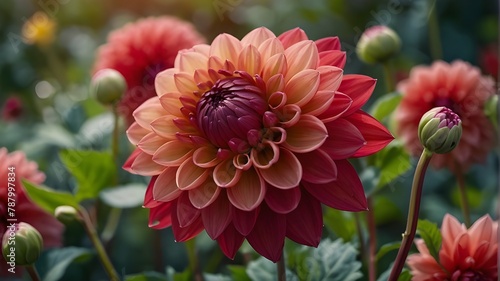 Red  dahlia  blossom  macro   shallow  depth  of  field   pink  dahlia  flower  in  an  actual  garden.