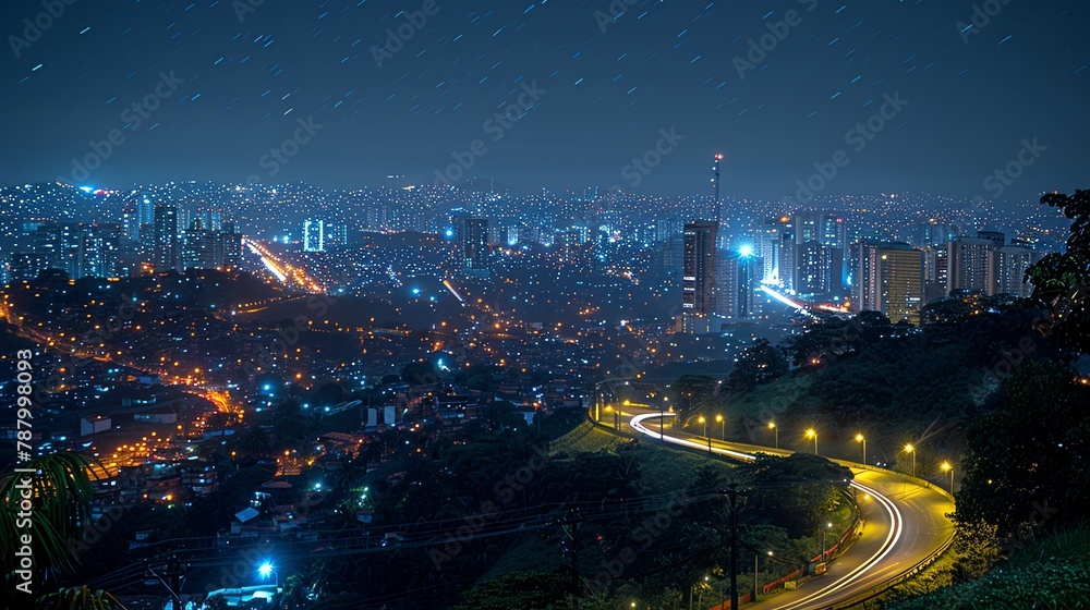 Luminous city at night with streaking stars - An urban night scene showcases a glowing city with light trails and streaking stars, highlighting its bustling energy