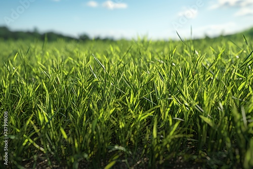 Illustrate a macro view of a sprawling field of green grass, highlighting its energy in a photorealistic digital rendering