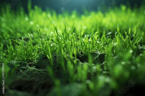 Illustrate a macro view of a sprawling field of green grass  highlighting its energy in a photorealistic digital rendering