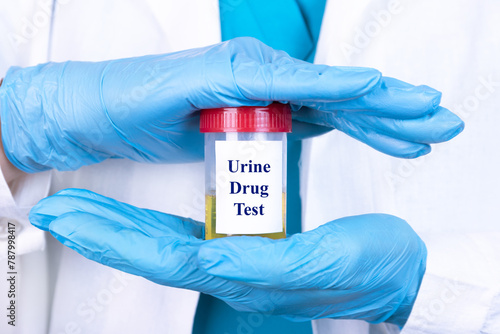 Laboratory sample of urine for drugs or substance test. Drug test is technical analysis of specimen to determine illegal drug abuse as cannabis, cocaine, methamphetamine, heroin and alcohol level.