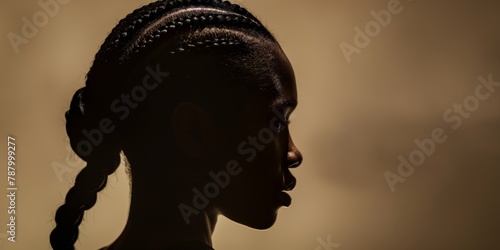 The silhouette of a female figure with intricate braided hair creates a striking subject against a simplistic background photo