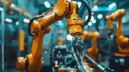 A robot is working in a factory. The robot is yellow and has a long arm