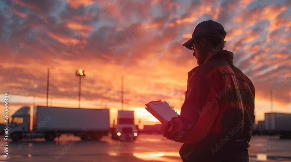 Cargo transportation manager taking notes while going through checklist on parking lot at sunset. Transport concept.