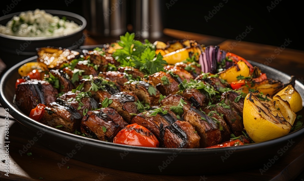 Large Platter of Beef Kebabs and Grilled Vegetables Large Platter of Beef Kebabs and Grilled Vegetables