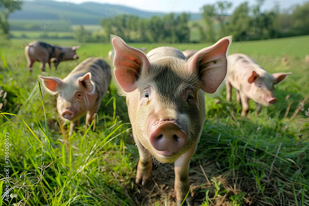 Free range pigs on grass at farm. Free range pigs on grass at farm.