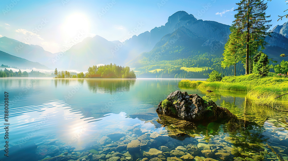 Naklejka premium Beautiful summer scene of a lake. Colorful morning view of mountains