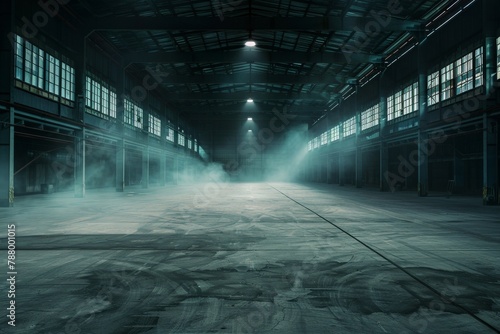 A dark smokey empty warehouse, Abandoned industrial building, Generative AI