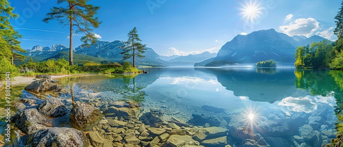 Beautiful summer scene of a lake. Colorful morning view of mountains