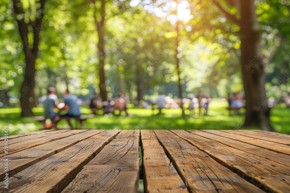 Blur family picnic at green tree garden Empty wood table top over blur people in spring or summer park Blur family picnic at green tree garden Empty wood table top over blur people in spring or summer park