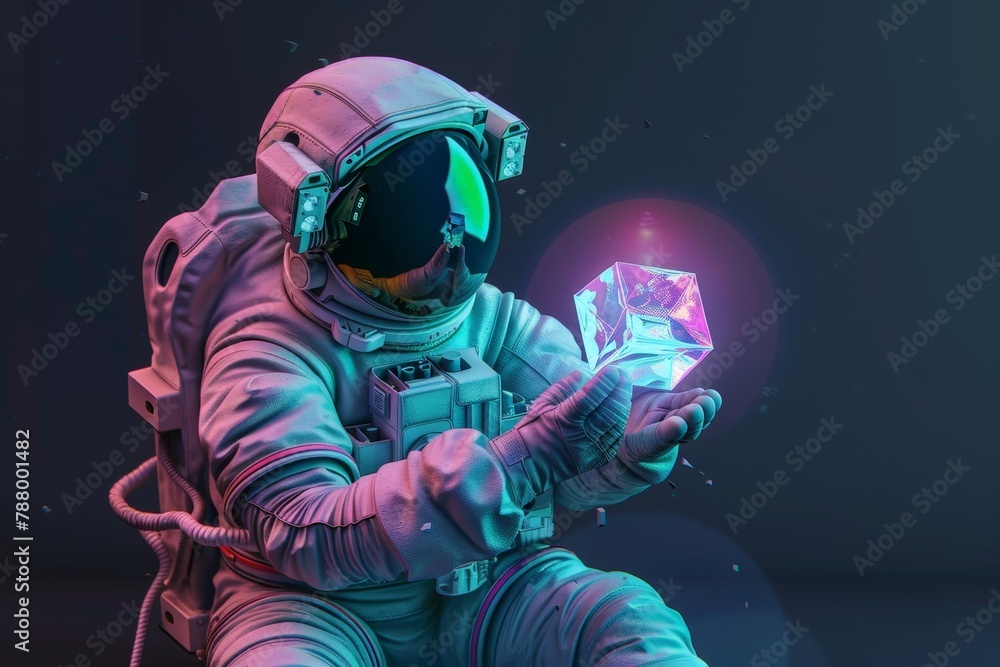 An astronaut holding a cubic artifact, Pop art concept, Generative AI An astronaut holding a cubic artifact, Pop art concept, Generative AI