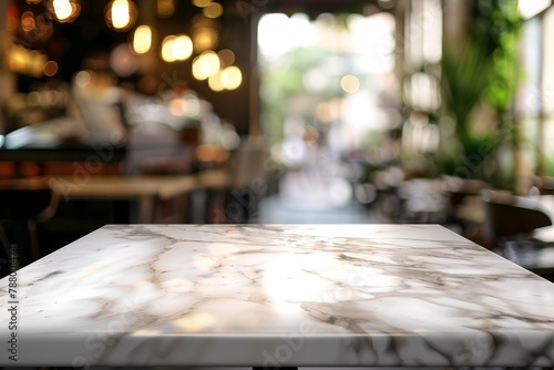 Blurred abstract cafe interior with marble table top