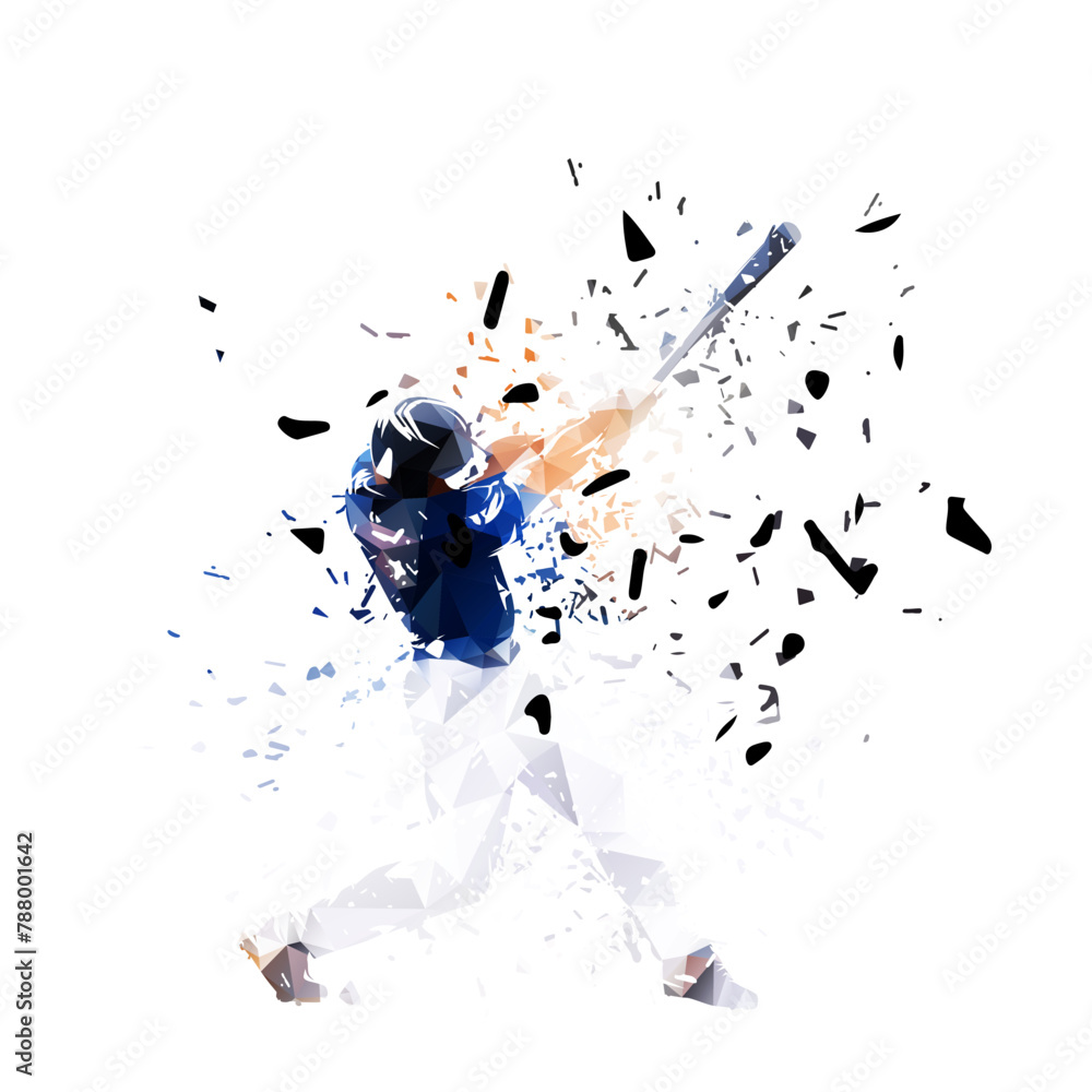 Naklejka premium Baseball player, isolated low poly vector illustration with shatter effect