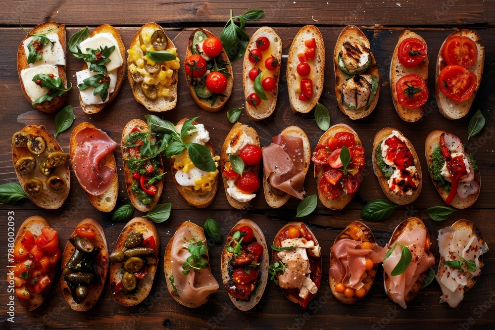 Assorted bruschettas from above on wooden surface