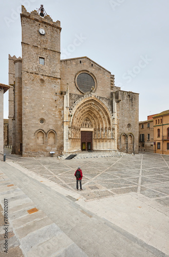 Gothic facade church and square. Castello de Empuries. Catalonia, Spain photo
