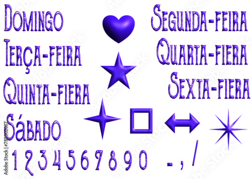 Domingo, segunda, terça, quarta, quinta, sexta fiera, numbers - writen to portoguese - Icons with calendar days Week.. Vector set. Point sticker to decorate diary, scheduler, calendar, planner.	Purple