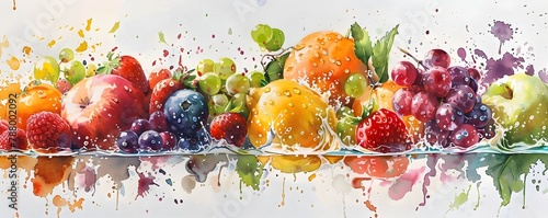 Harmonious Fruit Watercolor Splashes against Natural Backdrop