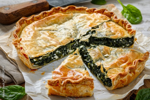 Authentic Greek spinach and feta pie with golden crust sliced on white paper close up view photo