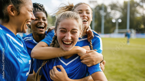 Happy women s soccer team celebrating winning the match on playing field.