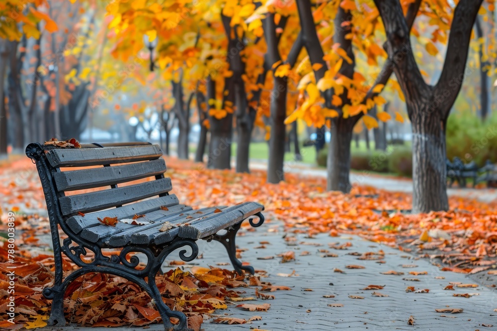 Bench in park with autumn trees