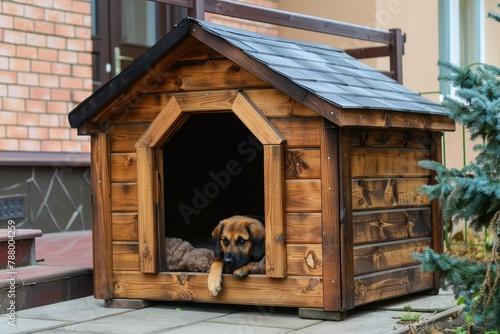 Big wooden doghouse next to the house door