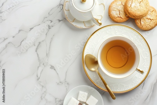 Bird s eye view of tea cup cookies and milk jug on plate golden spoon with sugar cubes on white marble Flat lay with room for text
