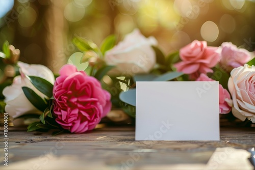 Blank name card with pink flowers on wedding table for composite designs photo