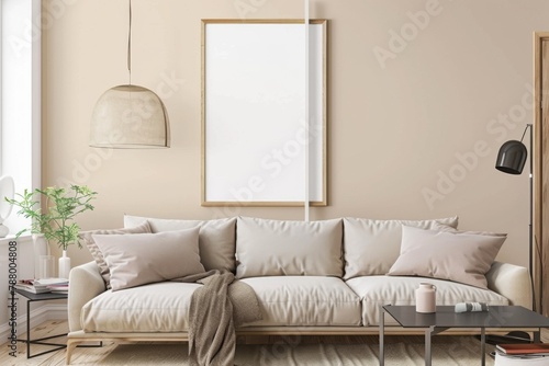 Beige Scandinavian Interior with Poster Mockup created with Generative AI