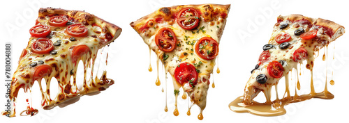 Set of delicious tasty a slice of pizza with lots of melted cheese and tomatoes, various kinds of toppings, dripping on the bottom. isolated on transparent background.