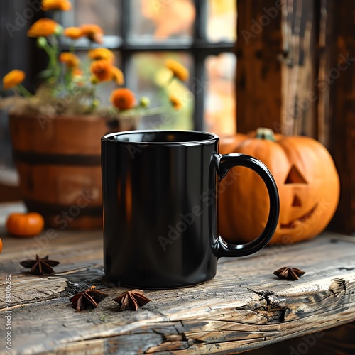 A black coffee mug is sitting on a wooden table in front of a window. There is a pumpkin and some fall foliage on the table. The background is blurry.