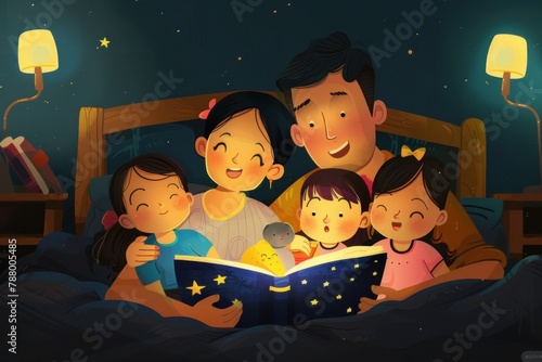 A heartwarming moment from a family-themed children's book, showing parents reading bedtime stories to their children by lamplight, Generative AI photo