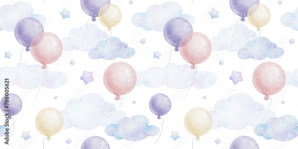 Flying round pink, purple balloons, stars, clouds. Cute baby's background. Watercolor seamless pattern of pastel color for children's good, baby's room design, invitation, kid's textile, clothing. Flying round pink, purple balloons, stars, clouds. Cute baby's background. Watercolor seamless pattern of pastel color for children's good, baby's room design, invitation, kid's textile, clothing.