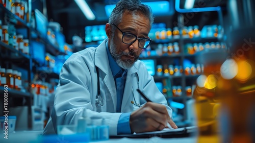 A male doctor wearing a white coat and stethoscope sits at a desk in a modern laboratory, writing on a clipboard.