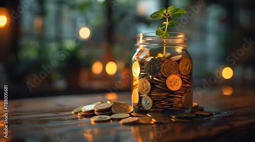 A jar filled with money and a small plant growing out of it. The jar is sitting on a wooden table. There is a blurred background with a few lights in the distance.