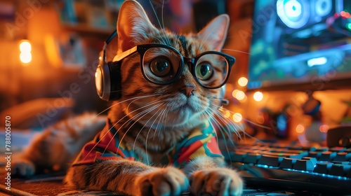 A photo of a cat wearing glasses and headphones, sitting at a computer desk and looking at the camera.
