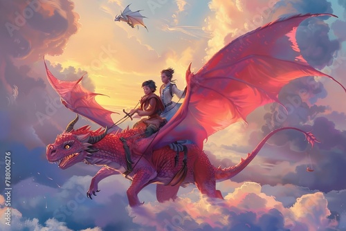 A magical moment from a fantasy book for kids, with brave young heroes riding on the backs of friendly dragons through the clouds, Generative AI1