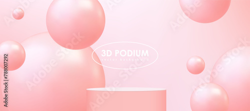 Peach-pink realistic cylindrical podium with a flying ball-sphere or bubble. Vector abstract studio with 3D geometric platform, minimal stage for product promotion.