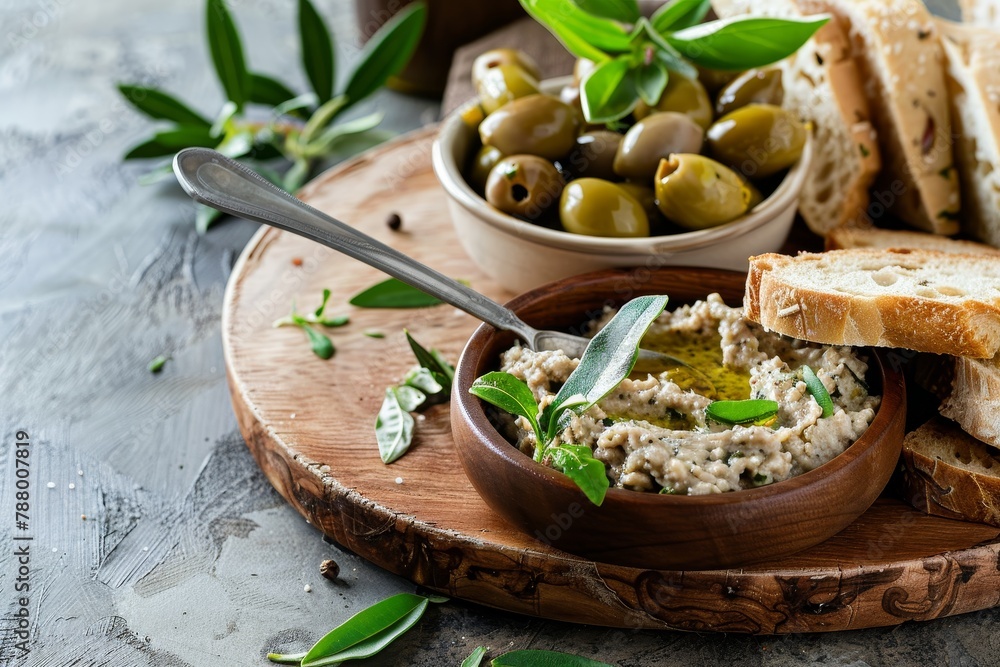 Bread slices with olive pate on wooden board Bread slices with olive pate on wooden board