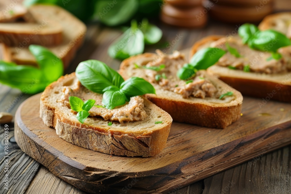 Bread slices with tasty pate and basil on wooden surface closeup Bread slices with tasty pate and basil on wooden surface closeup