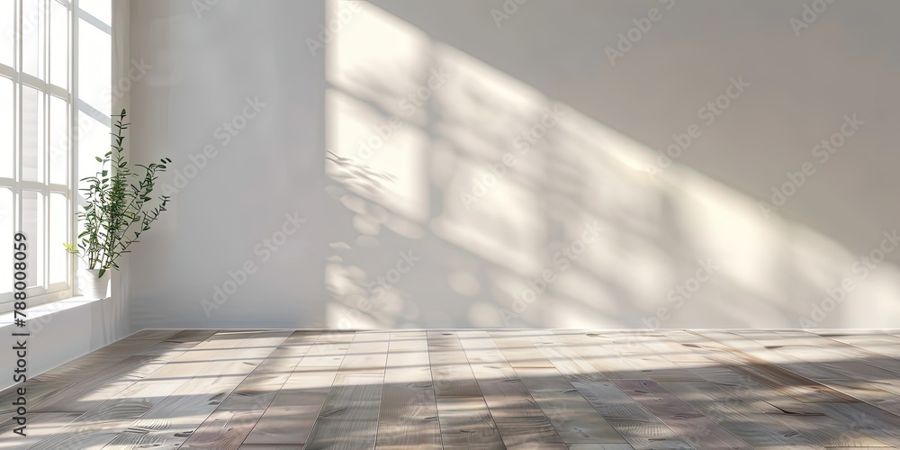 Empty white room with a plant on a large window abstraction