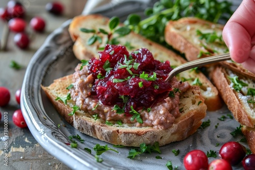 Bread with pate and cranberry sauce