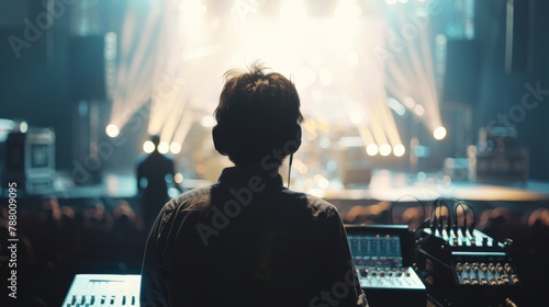 Blur image of sound engineer backstage crew team working photo