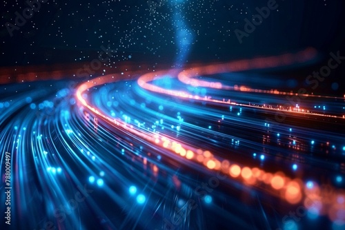 Optical data concept depicted by abstract glowing lines on a dark background. The high speed, vast capacity data transmission enabled by optical fiber technology in today's digital age © Arham