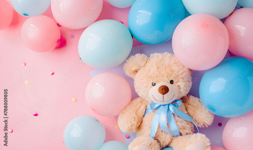 colorful balloons and teddy bear on pink and blue background, Generative AI colorful balloons and teddy bear on pink and blue background, Generative AI