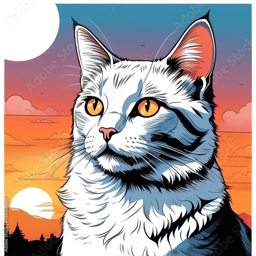 White cat at sunset  illustration