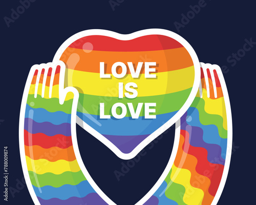 Hands hold Rainbow pride heart sign with LOVE IS LOVE text on dark blue background vector design