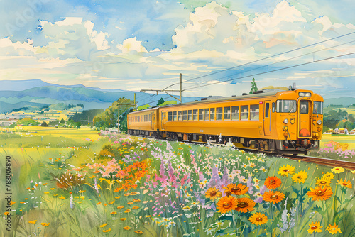 田園地帯を走る電車の風景（水彩画）