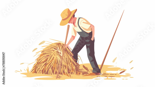Farmer making haystack flat vector illustration. Face photo